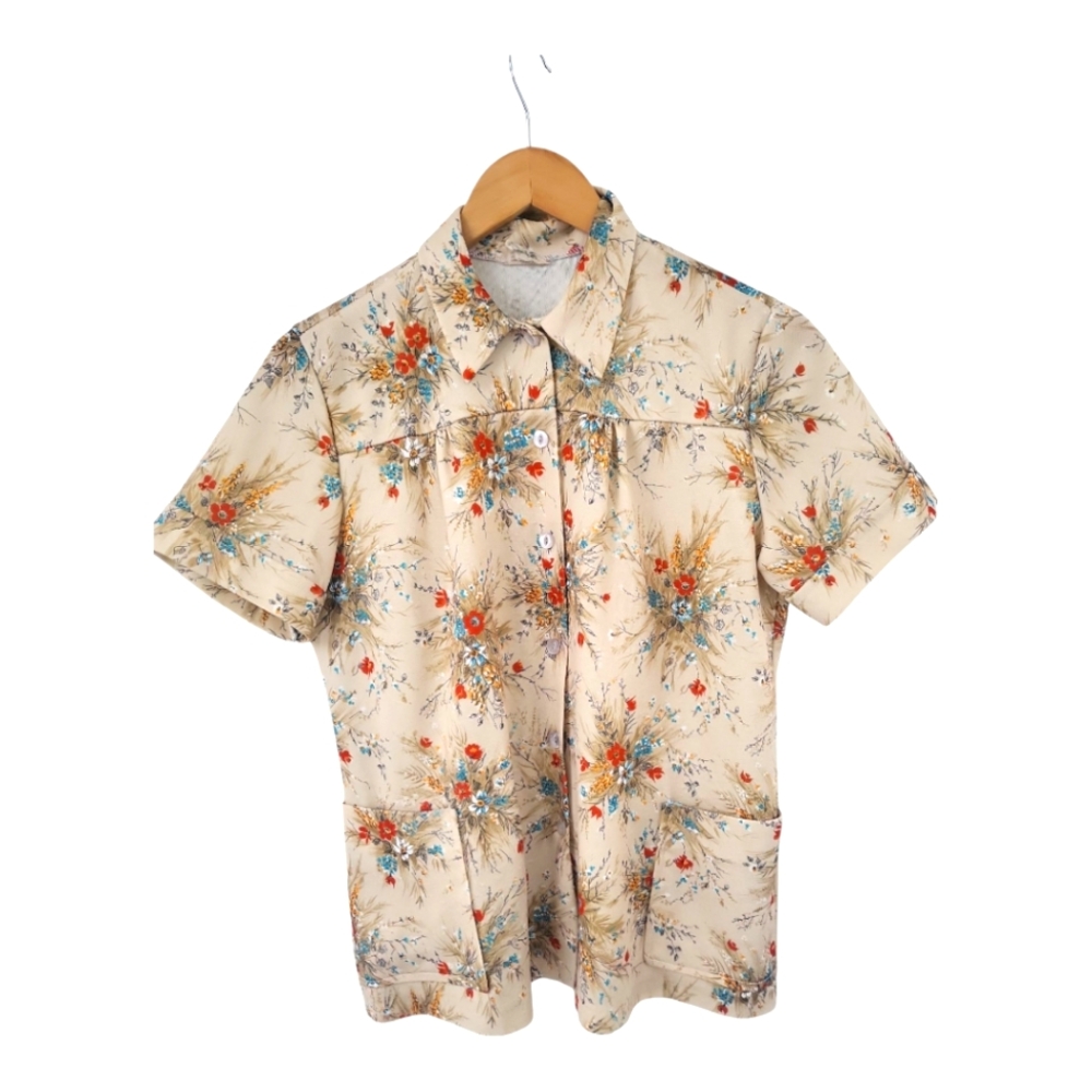 Vintage 70's Shirley Retro Wildflower Button Front Smock Top M/L 38